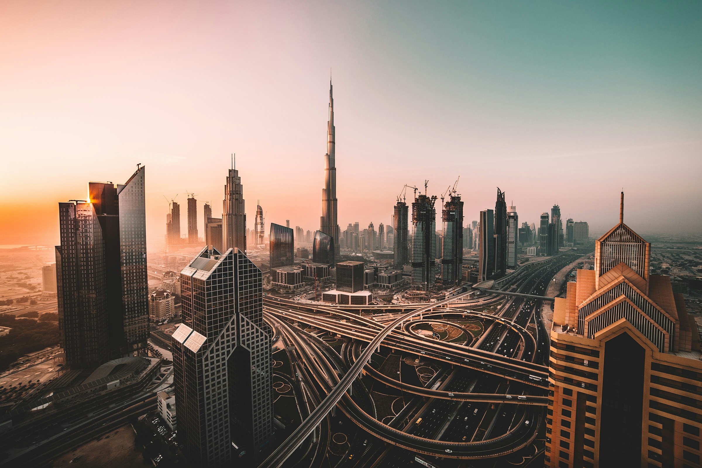 Dubai skyline at sunset with Burj Khalifa